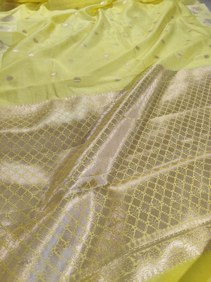 Lime Yellow Raw Mango Banarasi Saree