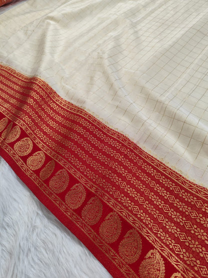 White Red Semisilk Banarasi Saree