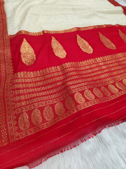 White Red Semisilk Banarasi Saree