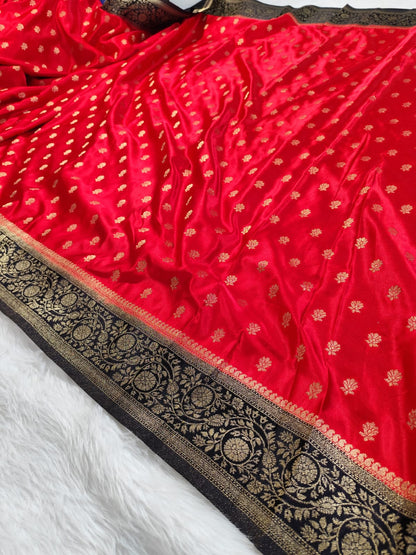 Red Black Satin Banarasi Saree