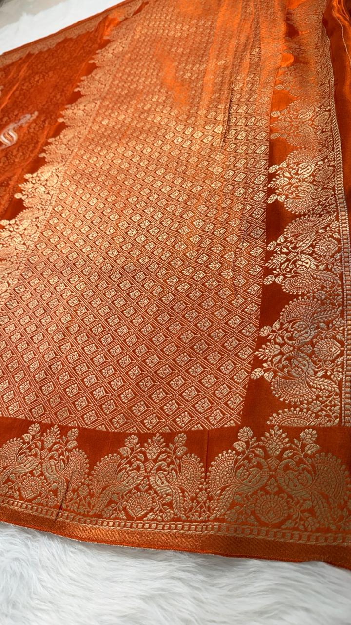 Rust Orange Semisilk Banarasi Saree