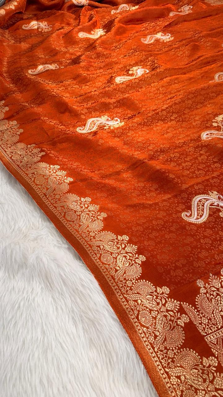 Rust Orange Semisilk Banarasi Saree