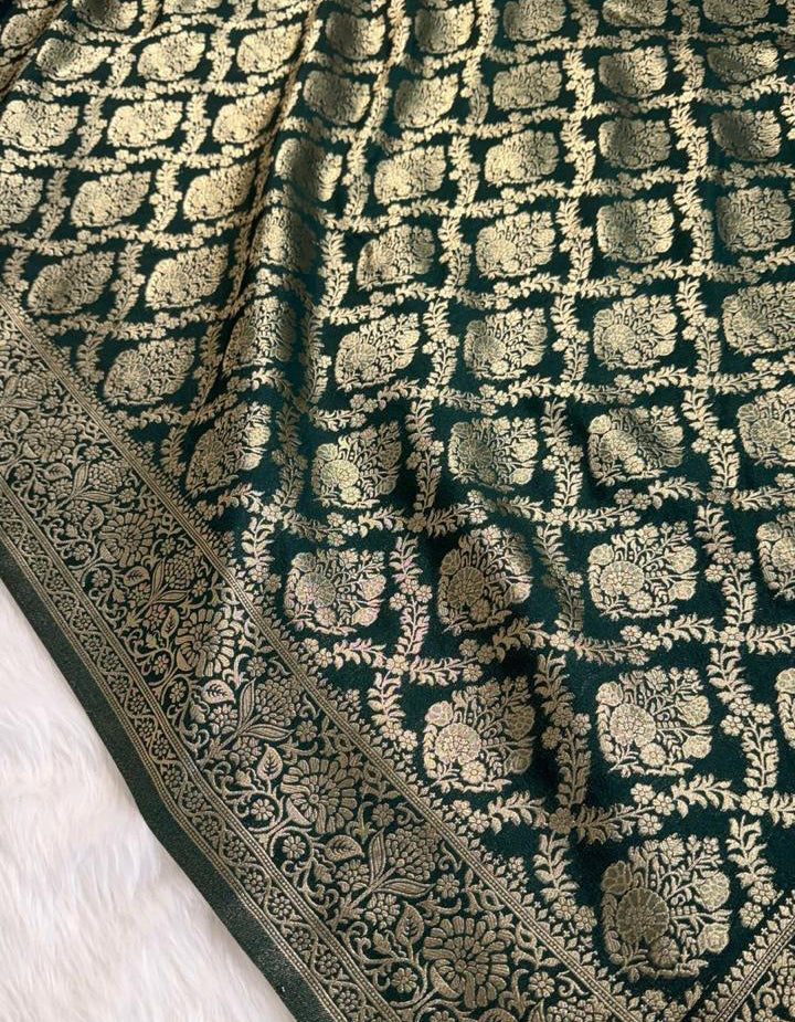 Bottle Green Banarasi Georgette Saree