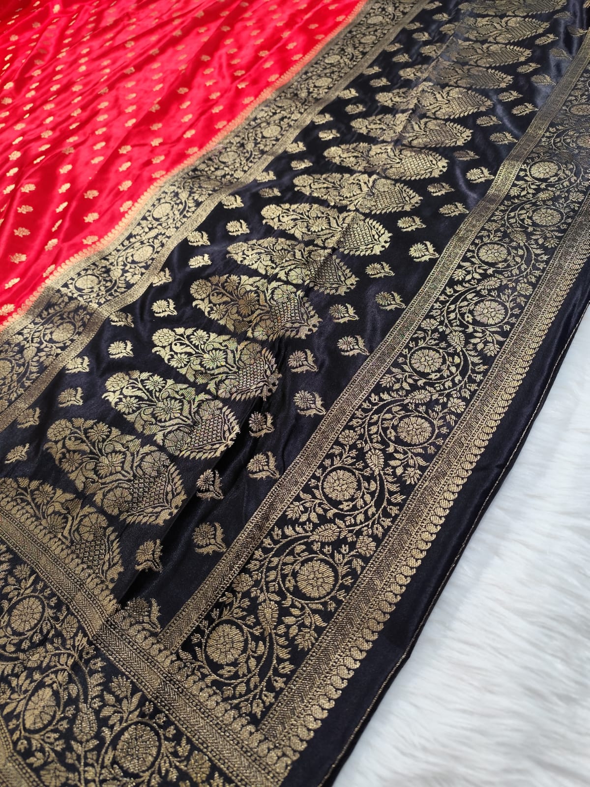 Red Black Satin Banarasi Saree