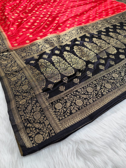 Red Black Satin Banarasi Saree