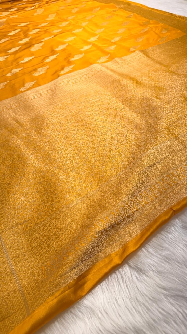 Yellow Satin Banarasi Saree