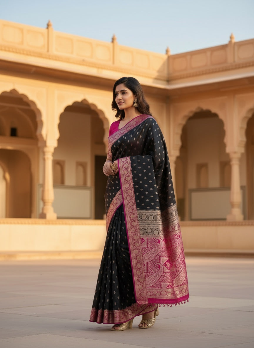 Black Banarasi Mashru Silk Saree