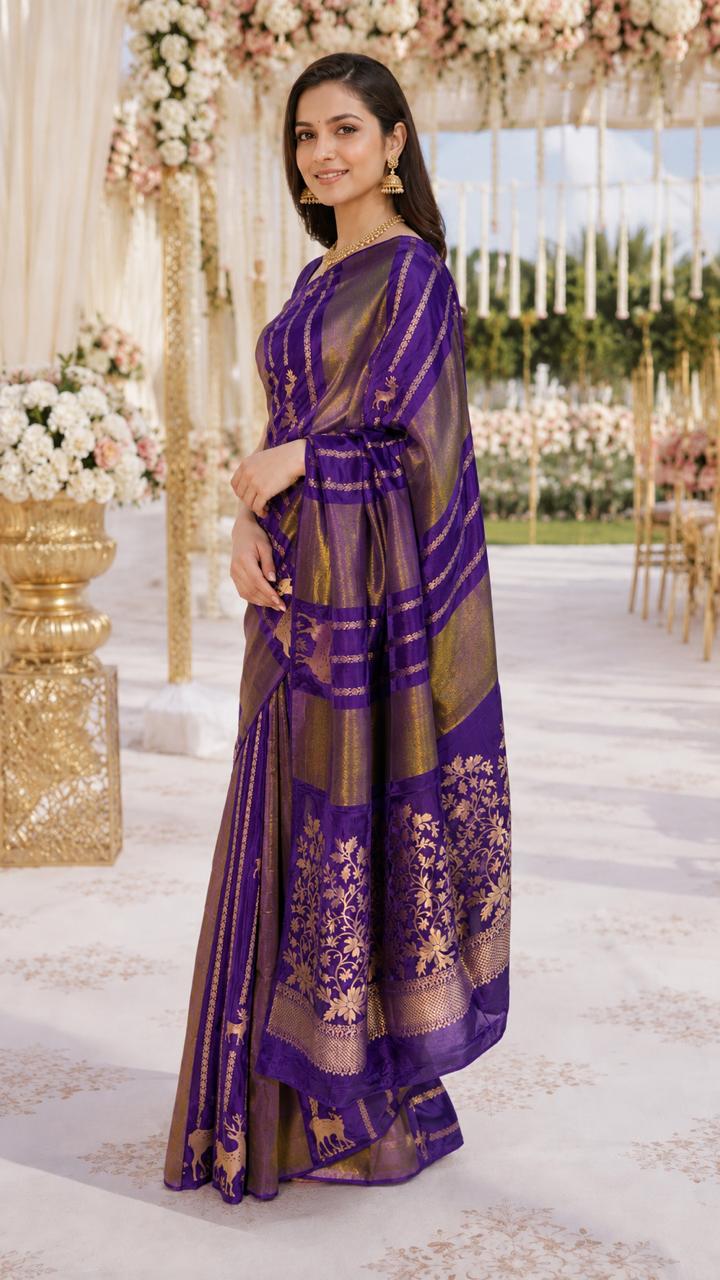Purple Crepe Tissue Banarasi Saree