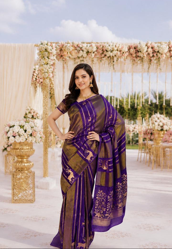 Purple Crepe Tissue Banarasi Saree