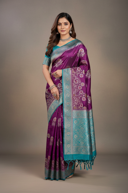 Purple Satin Banarasi Saree