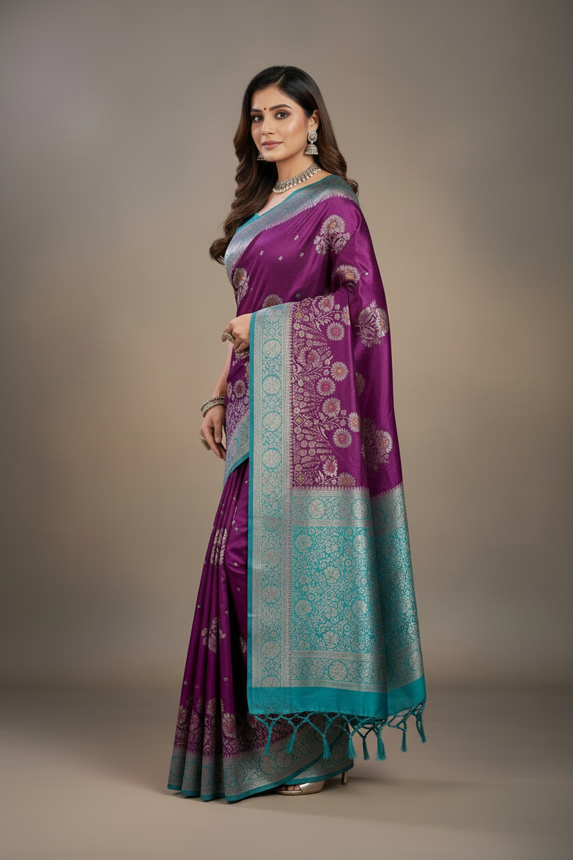 Purple Satin Banarasi Saree
